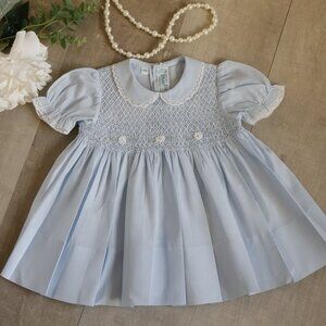 Blue Smocked Heirloom Vintage Dress Feltman Brothers 3 Months Embroidery NWT